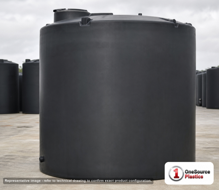 Snyder Industries 10500 Gallon ASTM Black Heavy Duty Vertical Storage Tank. High Density Linear Polyethylene; Black; dimensions 169.0in H x 142.0in W x 142.0in L; 3100.0 lb empty; 1.9 specific gravity rating; fittings: 1 Manway / Lid; max temp 120 deg  F / 48 deg  C; 3 Year Warranty. Manufacturer part number 5330000N51. Sold by OneSource Plastics (https://www.onesourceplastics.com).