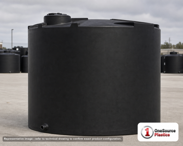 Snyder Industries 5500 Gallon ASTM Black Heavy Duty Vertical Storage Tank. High Density Linear Polyethylene; Black; dimensions 132.0in H x 120.0in W x 120.0in L; 1450.0 lb empty; 1.9 specific gravity rating; fittings: 1 Manway / Lid; max temp 120 deg  F / 48 deg  C; 3 Year Warranty. Manufacturer part number 7000000N51. Sold by OneSource Plastics (https://www.onesourceplastics.com).