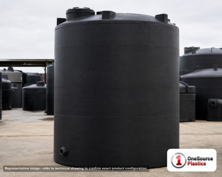 Snyder Industries 4500 Gallon ASTM Black Heavy Duty Vertical Storage Tank. High Density Linear Polyethylene; Black; dimensions 142.0in H x 102.0in W x 102.0in L; 1300.0 lb empty; 1.9 specific gravity rating; fittings: 1 Manway / Lid; max temp 120 deg  F / 48 deg  C; 3 Year Warranty. Manufacturer part number 7420000N51. Sold by OneSource Plastics (https://www.onesourceplastics.com).