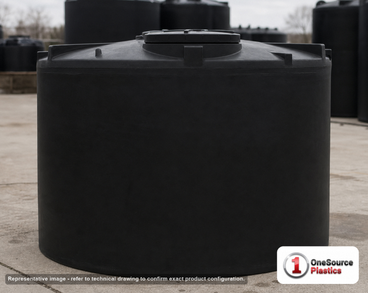 Snyder Industries 3000 Gallon ASTM 1.35 SG Black Vertical Storage Tank. Polyethylene; Black; dimensions 96.0in H x 102.0in W x 102.0in L; 520.0 lb empty; 1.35 specific gravity rating; fittings: 1 Manway / Lid; max temp 120 deg  F / 48 deg  C; 3 Year Warranty. Manufacturer part number 7410000N33. Sold by OneSource Plastics (https://www.onesourceplastics.com).