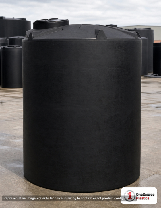Snyder Industries 3000 Gallon ASTM 1.35 SG Black Vertical Storage Tank. Polyethylene; Black; dimensions 127.0in H x 90.0in W x 90.0in L; 510.0 lb empty; 1.35 specific gravity rating; fittings: 1 Manway / Lid; max temp 120 deg  F / 48 deg  C; 3 Year Warranty. Manufacturer part number 5130000N33. Sold by OneSource Plastics (https://www.onesourceplastics.com).