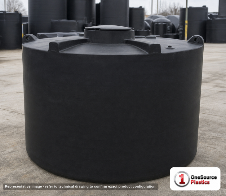 Snyder Industries 2000 Gallon ASTM 1.35 SG Black Vertical Storage Tank. Polyethylene; Black; dimensions 88.0in H x 90.0in W x 90.0in L; 325.0 lb empty; 1.35 specific gravity rating; fittings: 1 Manway / Lid; max temp 120 deg  F / 48 deg  C; 3 Year Warranty. Manufacturer part number 5050000N33. Sold by OneSource Plastics (https://www.onesourceplastics.com).
