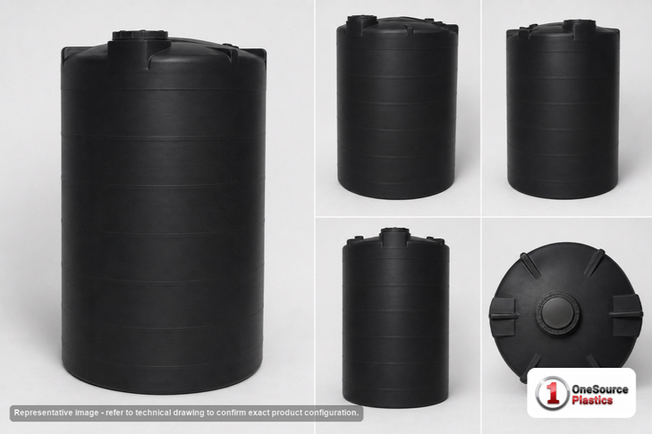 Dimensional spec drawing for Snyder 1550 Gallon Vertical Storage Tank (64" L x 64" W x 124" H)
