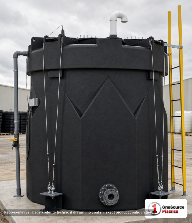Snyder Industries 4000 Gallon ASTM Black Double Wall Tank. High Density Linear Polyethylene; Black; dimensions 178.0in H x 102.0in W x 102.0in L; 2400.0 lb empty; 1.5 specific gravity rating; fittings: 1 Manway / Lid; max temp 120 deg  F / 48 deg  C; 3 Year Warranty. Manufacturer part number 5610000n49. Manufactured by Snyder. Sold by OneSource Plastics (https://www.onesourceplastics.com).