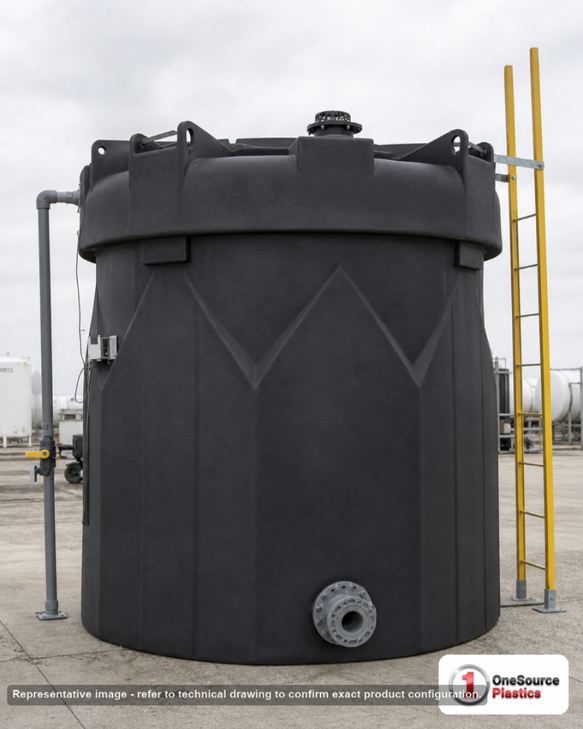 Snyder Industries 12500 Gallon ASTM Black Double Wall Tank. High Density Linear Polyethylene; Black; dimensions 274.0in H x 142.0in W x 142.0in L; 9500.0 lb empty; 1.9 specific gravity rating; fittings: 1 Manway / Lid; max temp 120 deg  F / 48 deg  C; 3 Year Warranty. Manufacturer part number 1031100n51. Manufactured by Snyder. Sold by OneSource Plastics (https://www.onesourceplastics.com).
