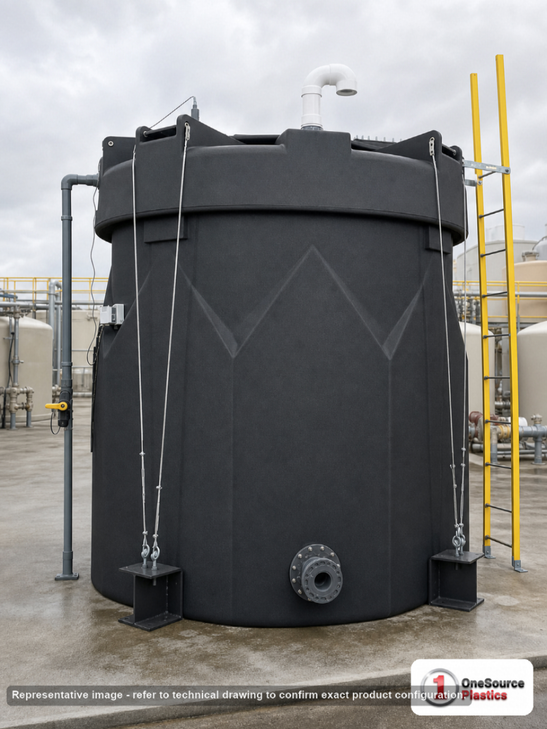 Snyder Industries 12500 Gallon ASTM XLPE Black Double Wall Tank. Crosslinked Linear Polyethylene; Black; dimensions 274.0in H x 142.0in W x 142.0in L; 8500.0 lb empty; 1.5 specific gravity rating; fittings: 1 Manway / Lid; max temp 140 deg  F / 60 deg  C; 3 Year Warranty. Manufacturer part number 1031100n46. Manufactured by Snyder. Sold by OneSource Plastics (https://www.onesourceplastics.com).