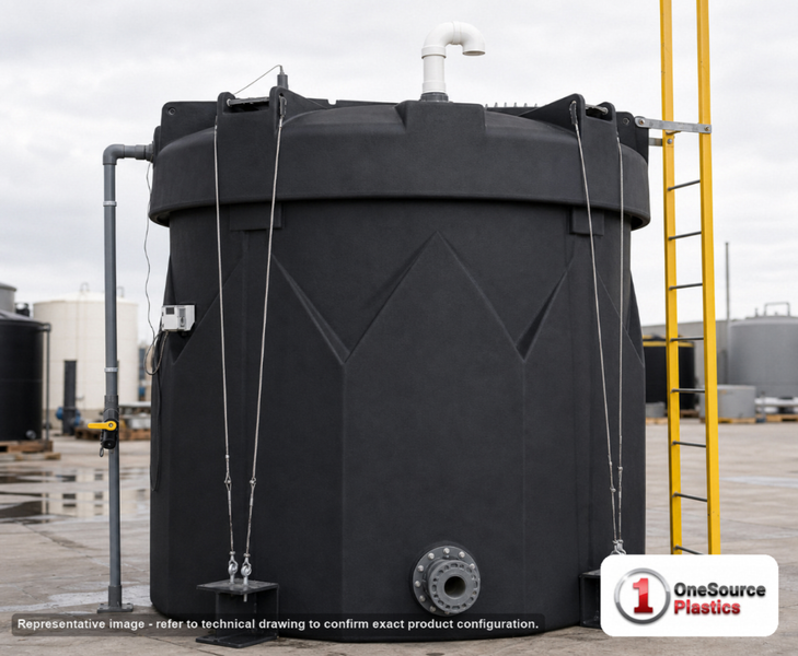 Snyder Industries 10000 Gallon ASTM Black Double Wall Tank. High Density Linear Polyethylene; Black; dimensions 226.0in H x 142.0in W x 142.0in L; 7400.0 lb empty; 1.9 specific gravity rating; fittings: 1 Manway / Lid; max temp 120 deg  F / 48 deg  C; 3 Year Warranty. Manufacturer part number 1006600n51. Manufactured by Snyder. Sold by OneSource Plastics (https://www.onesourceplastics.com).