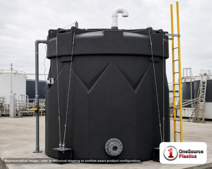 Snyder Industries 10000 Gallon ASTM XLPE Black Double Wall Tank. Crosslinked Linear Polyethylene; Black; dimensions 226.0in H x 142.0in W x 142.0in L; 6400.0 lb empty; 1.5 specific gravity rating; fittings: 1 Manway / Lid; max temp 140 deg  F / 60 deg  C; 3 Year Warranty. Manufacturer part number 1006600n46. Manufactured by Snyder. Sold by OneSource Plastics (https://www.onesourceplastics.com).