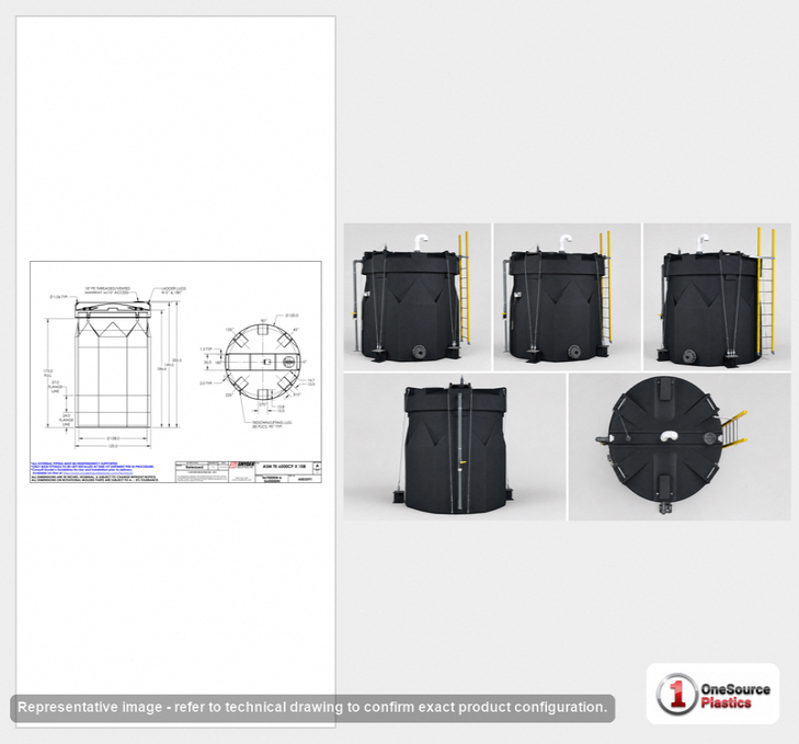 Dimensional spec drawing for Snyder 6500 Gallon Double Wall Tank (120" L x 120" W x 199" H)