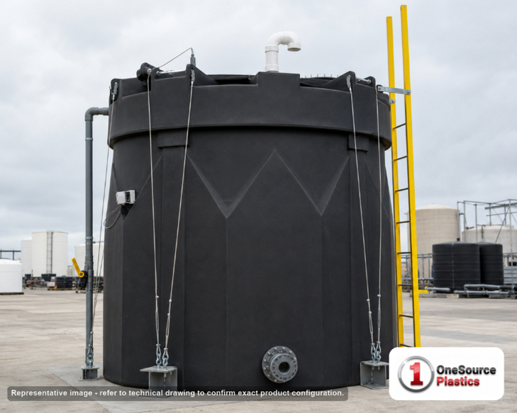 Snyder Industries 6500 Gallon ASTM Black Double Wall Tank. Polyethylene; Black; dimensions 199.0in H x 120.0in W x 120.0in L; 4000.0 lb empty; 1.5 specific gravity rating; fittings: 1 Manway / Lid; max temp 120 deg  F / 48 deg  C; 3 Year Warranty. Manufacturer part number 5670000n49. Manufactured by Snyder. Sold by OneSource Plastics (https://www.onesourceplastics.com).