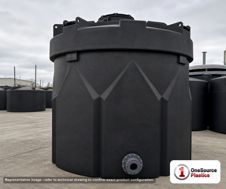 Snyder Industries 5500 Gallon ASTM Black Double Wall Tank. Polyethylene; Black; dimensions 172.0in H x 120.0in W x 120.0in L; 3200.0 lb empty; 1.5 specific gravity rating; fittings: 1 Manway / Lid; max temp 120 deg  F / 48 deg  C; 3 Year Warranty. Manufacturer part number 5660000n49. Manufactured by Snyder. Sold by OneSource Plastics (https://www.onesourceplastics.com).