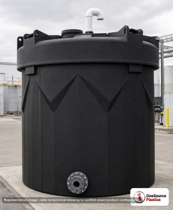 Snyder Industries 5500 Gallon ASTM XLPE Black Double Wall Tank. Crosslinked Linear Polyethylene; Black; dimensions 172.0in H x 120.0in W x 120.0in L; 3200.0 lb empty; 1.5 specific gravity rating; fittings: 1 Manway / Lid; max temp 140 deg  F / 60 deg  C; 3 Year Warranty. Manufacturer part number 5660000n46. Manufactured by Snyder. Sold by OneSource Plastics (https://www.onesourceplastics.com).