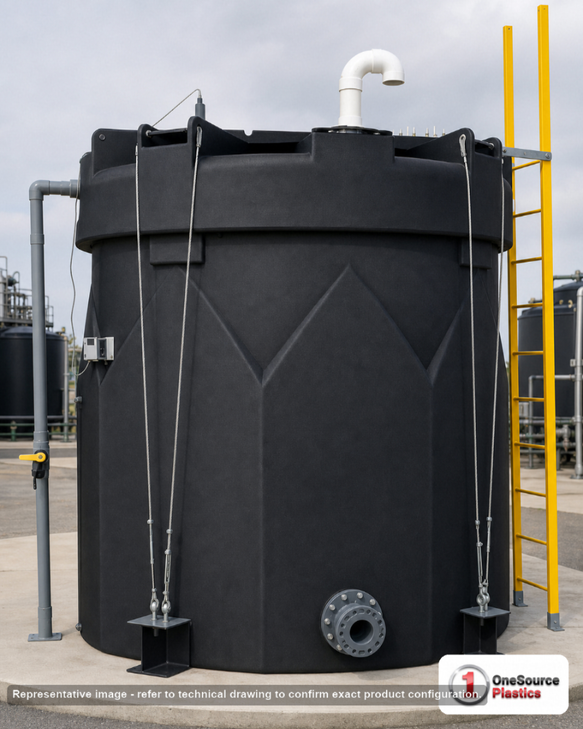 Snyder Industries 5000 Gallon ASTM XLPE Black Double Wall Tank. Crosslinked Linear Polyethylene; Black; dimensions 216.0in H x 102.0in W x 102.0in L; 4300.0 lb empty; 1.9 specific gravity rating; fittings: 1 Manway / Lid; max temp 140 deg  F / 60 deg  C; 3 Year Warranty. Manufacturer part number 5630000n48. Manufactured by Snyder. Sold by OneSource Plastics (https://www.onesourceplastics.com).