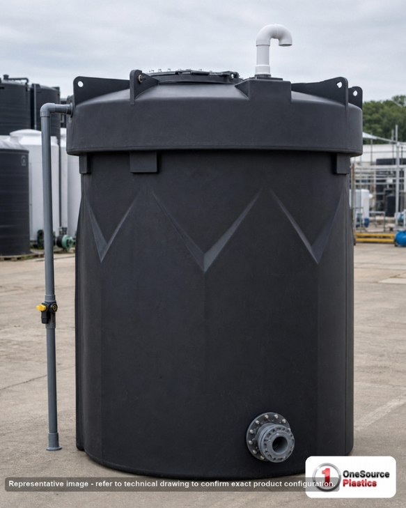 Snyder Industries 4500 Gallon ASTM Black Double Wall Tank. Polyethylene; Black; dimensions 197.0in H x 102.0in W x 102.0in L; 3000.0 lb empty; 1.5 specific gravity rating; fittings: 1 Manway / Lid; max temp 120 deg  F / 48 deg  C; 3 Year Warranty. Manufacturer part number 5620000n49. Sold by OneSource Plastics (https://www.onesourceplastics.com).