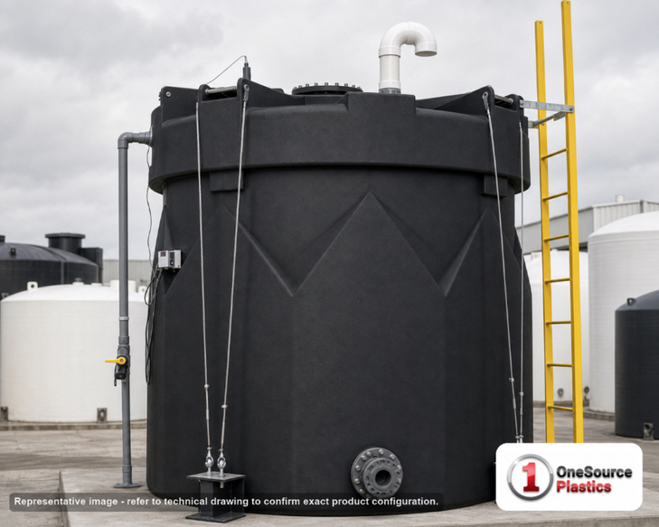 Snyder Industries 4500 Gallon ASTM XLPE Black Double Wall Tank. Crosslinked Linear Polyethylene; Black; dimensions 197.0in H x 102.0in W x 102.0in L; 3000.0 lb empty; 1.5 specific gravity rating; fittings: 1 Manway / Lid; max temp 140 deg  F / 60 deg  C; 3 Year Warranty. Manufacturer part number 5620000n46. Sold by OneSource Plastics (https://www.onesourceplastics.com).