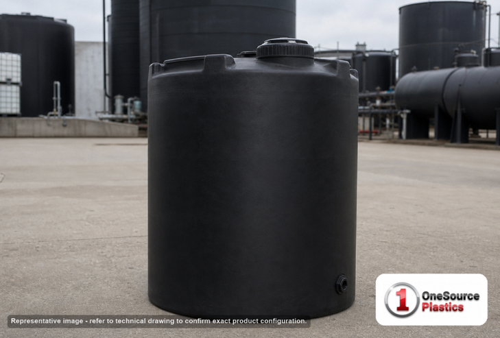 Snyder Industries 70 Gallon Black Heavy Duty Vertical Storage Tank. Polyethylene; Black; dimensions 41.0in H x 23.0in W x 23.0in L; 30.0 lb empty; 1.9 specific gravity rating; fittings: 1 Outlet , 1 Manway / Lid; max temp 120 deg  F / 48 deg  C; 3 Year Warranty. Manufacturer part number 1009000C34. Sold by OneSource Plastics (https://www.onesourceplastics.com).