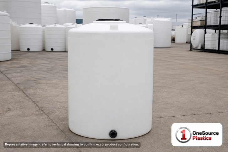 Snyder Industries 130 Gallon Heavy Duty Vertical Storage Tank. Polyethylene; Natural White; dimensions 49.0in H x 29.0in W x 29.0in L; 45.0 lb empty; 1.9 specific gravity rating; fittings: 1 Outlet , 1 Manway / Lid; max temp 120 deg  F / 48 deg  C; 3 Year Warranty. Manufacturer part number 1009500C26. Sold by OneSource Plastics (https://www.onesourceplastics.com).