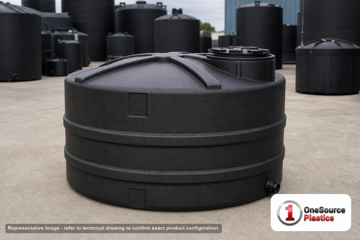 Snyder Industries 1200 Gallon Heavy Duty Vertical Storage Tank. Polyethylene; Black; 56.5" H x 86" W x 86" L; fittings: 1