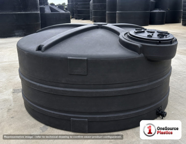 Snyder Industries 1200 Gallon Vertical Storage Tank. Polyethylene; Black; dimensions 56.5in H x 86.0in W x 86.0in L; 315.0 lb empty; 1.5 specific gravity rating; fittings: 1 Outlet , 1 Manway / Lid; max temp 120 deg  F / 48 deg  C. Manufacturer part number 32060-BLACK. Sold by OneSource Plastics (https://www.onesourceplastics.com).