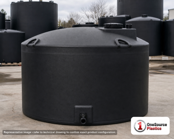 Snyder Industries 1500 Gallon Black Heavy Duty Vertical Storage Tank. Polyethylene; Black; 72" H x 86" W x 86" L; fittings: