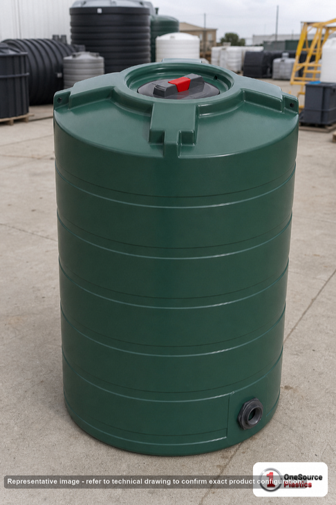 Enduraplas 100 Gallon Dark Green Vertical Water Storage Tank. Polyethylene; Dark Green; dimensions 43.0in H x 30.0in W x 30.0in L; 38.0 lb empty; 1.1 specific gravity rating; fittings: 1 Outlet , 1 Manway / Lid; max temp 120 deg  F / 48 deg  C; 10 Year Warranty with Activation. Manufacturer part number TLV00100DG. Sold by OneSource Plastics (https://www.onesourceplastics.com).