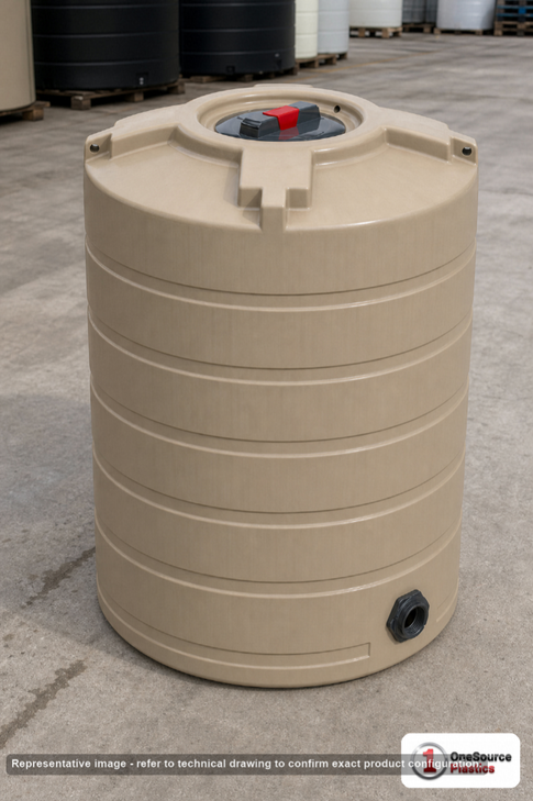 Enduraplas 100 Gallon Beige Vertical Water Storage Tank. Polyethylene; Beige; dimensions 43.0in H x 30.0in W x 30.0in L; 38.0 lb empty; 1.1 specific gravity rating; fittings: 1 Outlet , 1 Manway / Lid; max temp 120 deg  F / 48 deg  C; 10 Year Warranty with Activation. Manufacturer part number TLV00100BE. Sold by OneSource Plastics (https://www.onesourceplastics.com).