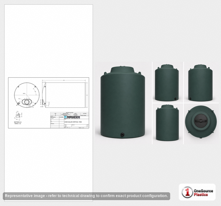 Dimensional spec drawing for Norwesco 15500 Gallon Vertical Water Tank (141" L x 141" W x 244" H)