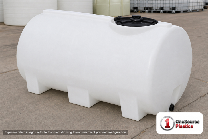 Enduraplas 400 Gallon White Horizontal Leg Tank. Polyethylene; Natural White; 37" H x 46" W x 74" L; fittings: 1 Outlet, 1