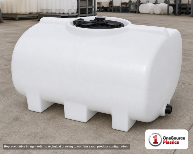 Enduraplas 250 Gallon White Horizontal Leg Tank. Polyethylene; Natural White; 34" H x 47" W x 55" L; fittings: 1 Outlet, 1