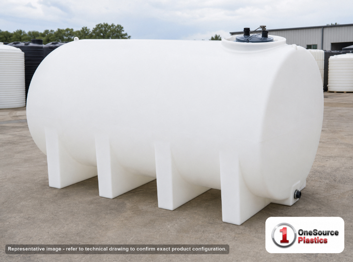 Enduraplas 2500 Gallon White Horizontal Leg Tank. Polyethylene; Natural White; 75" H x 87" W x 130" L; fittings: 1 Outlet, 1