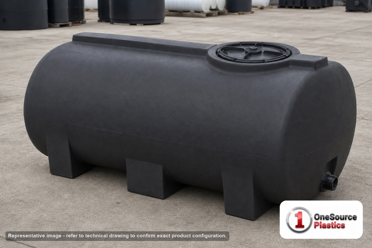 Enduraplas 300 Gallon Black Horizontal Leg Tank. Polyethylene; Black; dimensions 31.0in H x 46.0in W x 74.0in L; 154.0 lb empty; 1.9 specific gravity rating; fittings: 1 Outlet , 1 Manway / Lid; 10 Year Warranty with Activation. Manufacturer part number THF00300B. Sold by OneSource Plastics (https://www.onesourceplastics.com).