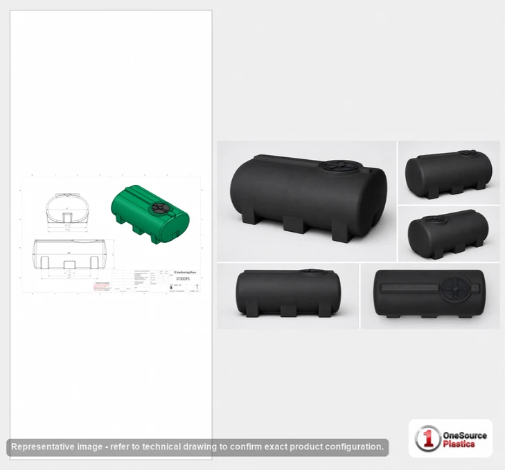 Dimensional spec drawing for Enduraplas 300 Gallon Horizontal Leg Tank (74" L x 46" W x 31" H)