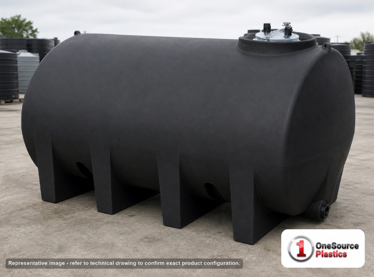 Enduraplas 2500 Gallon Black Horizontal Leg Tank. Polyethylene; Black; dimensions 75.0in H x 87.0in W x 130.0in L; 1045.0 lb empty; 1.9 specific gravity rating; fittings: 1 Outlet , 1 Manway / Lid; 10 Year Warranty with Activation. Manufacturer part number THF02500B. Sold by OneSource Plastics (https://www.onesourceplastics.com).