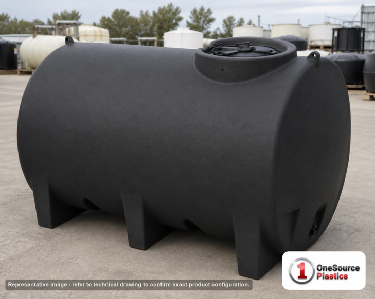 Enduraplas 1100 Gallon Black Horizontal Leg Tank. Polyethylene; Black; dimensions 63.0in H x 60.0in W x 94.0in L; 429.0 lb empty; 1.9 specific gravity rating; fittings: 1 Outlet , 1 Manway / Lid; 10 Year Warranty with Activation. Manufacturer part number THF01000B. Sold by OneSource Plastics (https://www.onesourceplastics.com).