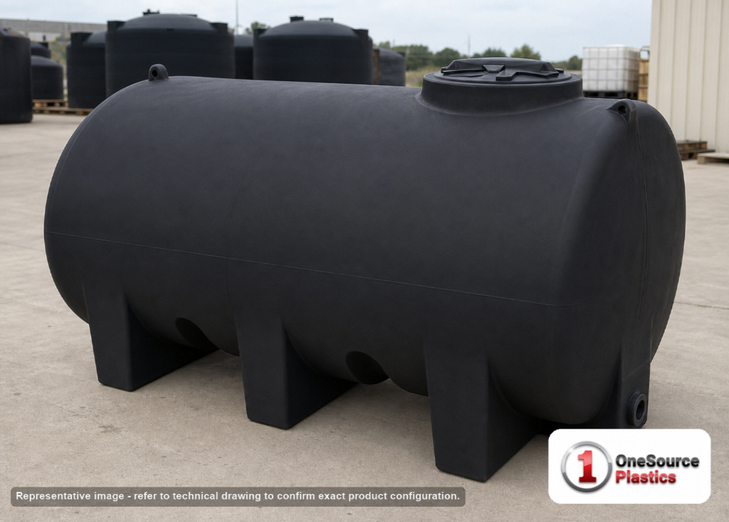 Enduraplas 1200 Gallon Black Horizontal Leg Tank. Polyethylene; Black; dimensions 59.0in H x 70.0in W x 102.0in L; 495.0 lb empty; 1.9 specific gravity rating; fittings: 1 Outlet , 1 Manway / Lid; 10 Year Warranty with Activation. Manufacturer part number THF01200B. Sold by OneSource Plastics (https://www.onesourceplastics.com).