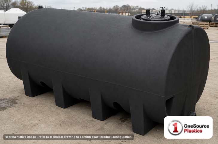 Enduraplas 1900 Gallon Black Horizontal Leg Tank. Polyethylene; Black; dimensions 65.0in H x 71.0in W x 130.0in L; 682.0 lb empty; 1.9 specific gravity rating; fittings: 1 Outlet , 1 Manway / Lid; 10 Year Warranty with Activation. Manufacturer part number THF01900B. Sold by OneSource Plastics (https://www.onesourceplastics.com).