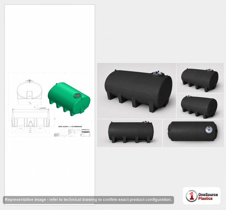 Dimensional spec drawing for Enduraplas 2800 Gallon Horizontal Leg Tank (145" L x 97" W x 75" H)
