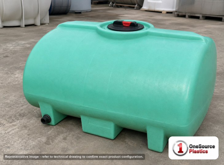 Enduraplas 100 Gallon Green Horizontal Leg Tank. Polyethylene; Green; dimensions 21.0in H x 41.0in W x 46.0in L; 59.0 lb empty; 1.9 specific gravity rating; fittings: 1 Outlet , 1 Manway / Lid; 10 Year Warranty with Activation. Manufacturer part number THF00100G. Sold by OneSource Plastics (https://www.onesourceplastics.com).