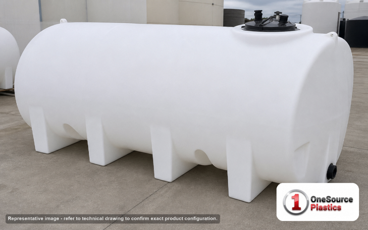 Enduraplas 1600 Gallon White Horizontal Leg Tank. Polyethylene; Natural White; dimensions 59.0in H x 71.0in W x 130.0in L; 594.0 lb empty; 1.9 specific gravity rating; fittings: 1 Outlet , 1 Manway / Lid; 10 Year Warranty with Activation. Manufacturer part number THF01600W. Sold by OneSource Plastics (https://www.onesourceplastics.com).
