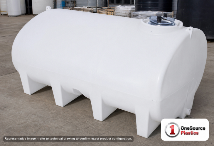 Enduraplas 2800 Gallon White Horizontal Leg Tank. Polyethylene; Natural White; 75" H x 97" W x 145" L; fittings: 1 Outlet, 1