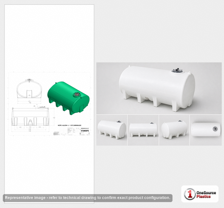 Dimensional spec drawing for Enduraplas 2800 Gallon Horizontal Leg Tank (145" L x 97" W x 75" H)