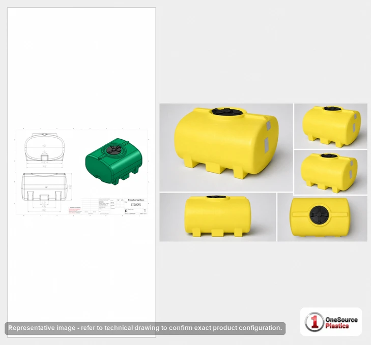 Dimensional spec drawing for Enduraplas 250 Gallon Horizontal Leg Tank (55" L x 47" W x 34" H)