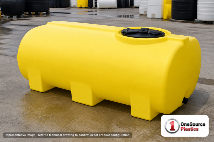 Enduraplas 300 Gallon Yellow Horizontal Leg Tank. Polyethylene; Yellow; dimensions 31.0in H x 46.0in W x 74.0in L; 154.0 lb empty; 1.9 specific gravity rating; fittings: 1 Outlet , 1 Manway / Lid; 10 Year Warranty with Activation. Manufacturer part number THF00300Y. Sold by OneSource Plastics (https://www.onesourceplastics.com).