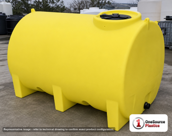 Enduraplas 1100 Gallon Yellow Horizontal Leg Tank. Polyethylene; Yellow; dimensions 63.0in H x 60.0in W x 94.0in L; 429.0 lb empty; 1.9 specific gravity rating; fittings: 1 Outlet , 1 Manway / Lid; 10 Year Warranty with Activation. Manufacturer part number THF01000Y. Sold by OneSource Plastics (https://www.onesourceplastics.com).