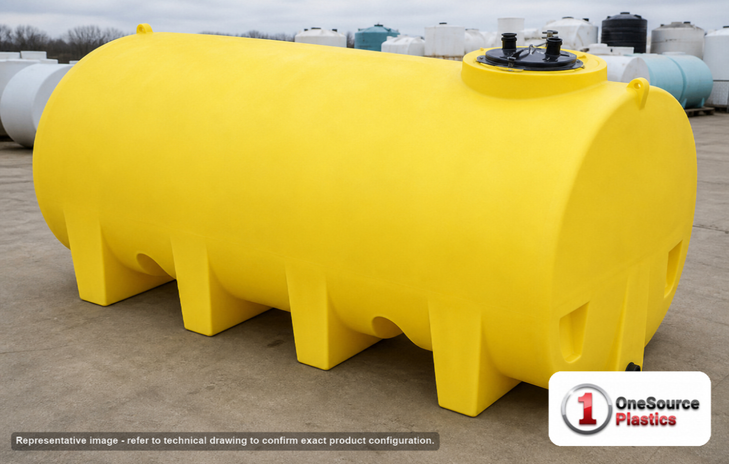Enduraplas 1600 Gallon Yellow Horizontal Leg Tank. Polyethylene; Yellow; 59" H x 71" W x 130" L; fittings: 1 Outlet, 1