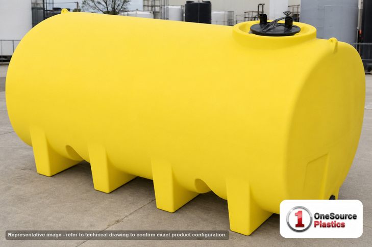 Enduraplas 1900 Gallon Yellow Horizontal Leg Tank. Polyethylene; Yellow; dimensions 65.0in H x 71.0in W x 130.0in L; 682.0 lb empty; 1.9 specific gravity rating; fittings: 1 Outlet , 1 Manway / Lid; 10 Year Warranty with Activation. Manufacturer part number THF01900Y. Sold by OneSource Plastics (https://www.onesourceplastics.com).
