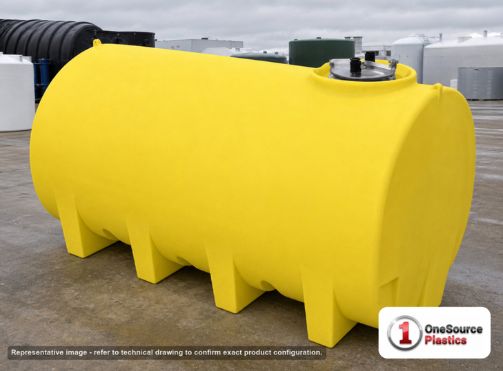 Enduraplas 2200 Gallon Yellow Horizontal Leg Tank. Polyethylene; Yellow; 72" H x 71" W x 130" L; fittings: 1 Outlet, 1
