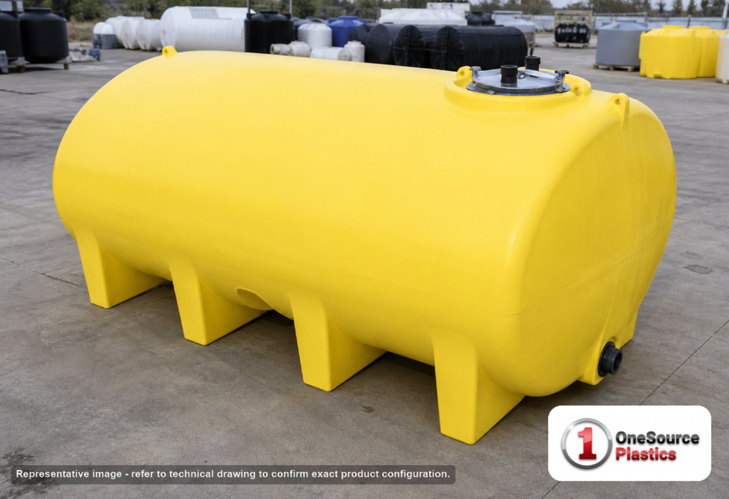 Enduraplas 2800 Gallon Yellow Horizontal Leg Tank. Polyethylene; Yellow; dimensions 75.0in H x 97.0in W x 145.0in L; 1166.0 lb empty; 1.9 specific gravity rating; fittings: 1 Outlet , 1 Manway / Lid; 10 Year Warranty with Activation. Manufacturer part number THF02800Y. Sold by OneSource Plastics (https://www.onesourceplastics.com).