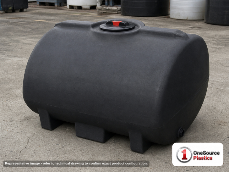 Enduraplas 150 Gallon Black Horizontal Leg Tank. Polyethylene; Black; 28" H x 41" W x 46" L; fittings: 1 Outlet, 1 Manway /