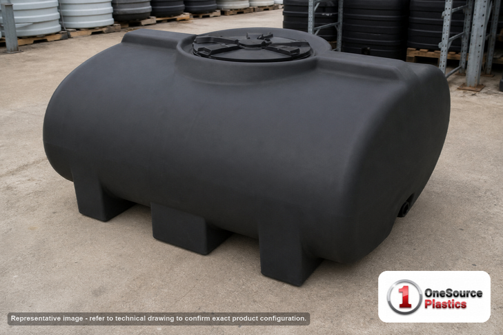 Enduraplas 200 Gallon Black Horizontal Leg Tank. Polyethylene; Black; 27" H x 47" W x 55" L; fittings: 1 Outlet, 1 Manway /